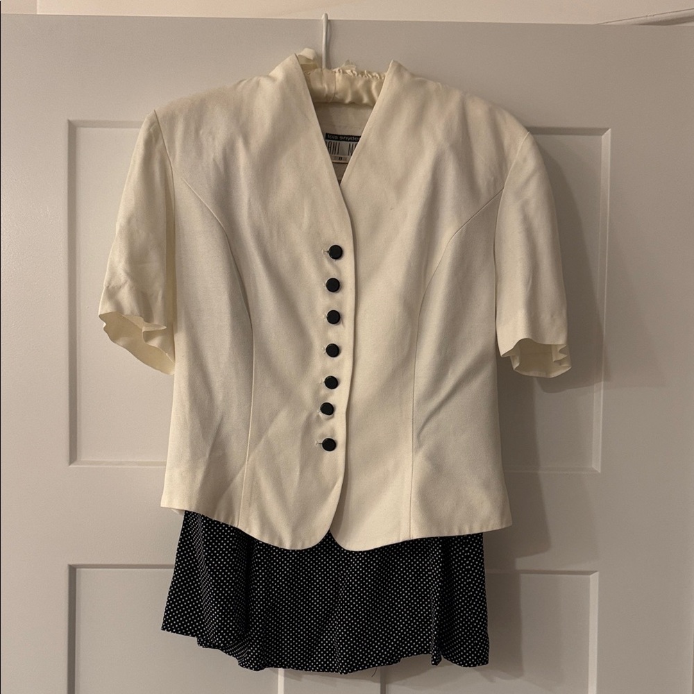 Cream Short Sleeve Buttoned Blazer and Polka Dot Skirt